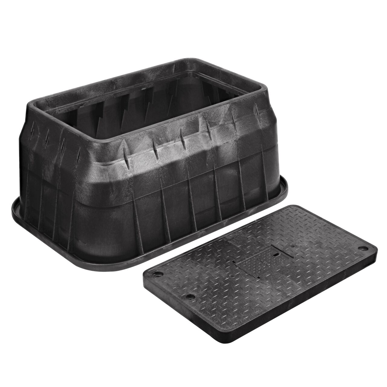 Unassembled View of the NDS 17 in. X 30 in. Black Rectangular Pro Series meter box and Black Water Meter drop-in cover (NDS 126BCDMCIFB) with Cast Iron reader door