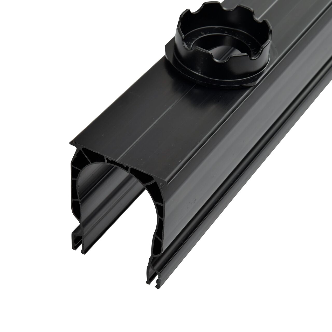 To install the Slim Channel™ Drain Bottom Outlet (NDS 9250), place outlet into cut out on bottom of Slim Channel Drain (NDS 9206)