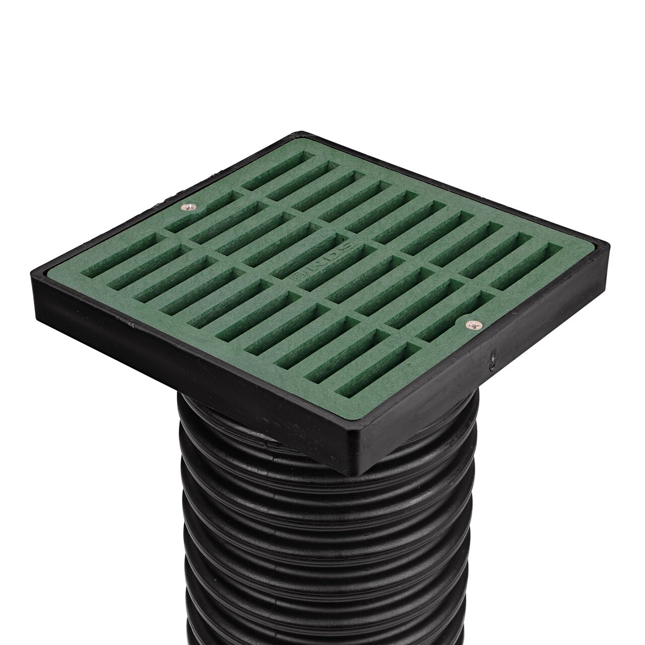 NDS green plastic 6 in. Square Grate Fits 3 & 4 in. Draing Pipes and Fittings installed on 4 in. Sing-Wall Corrugagted Pipe (NDS 641)