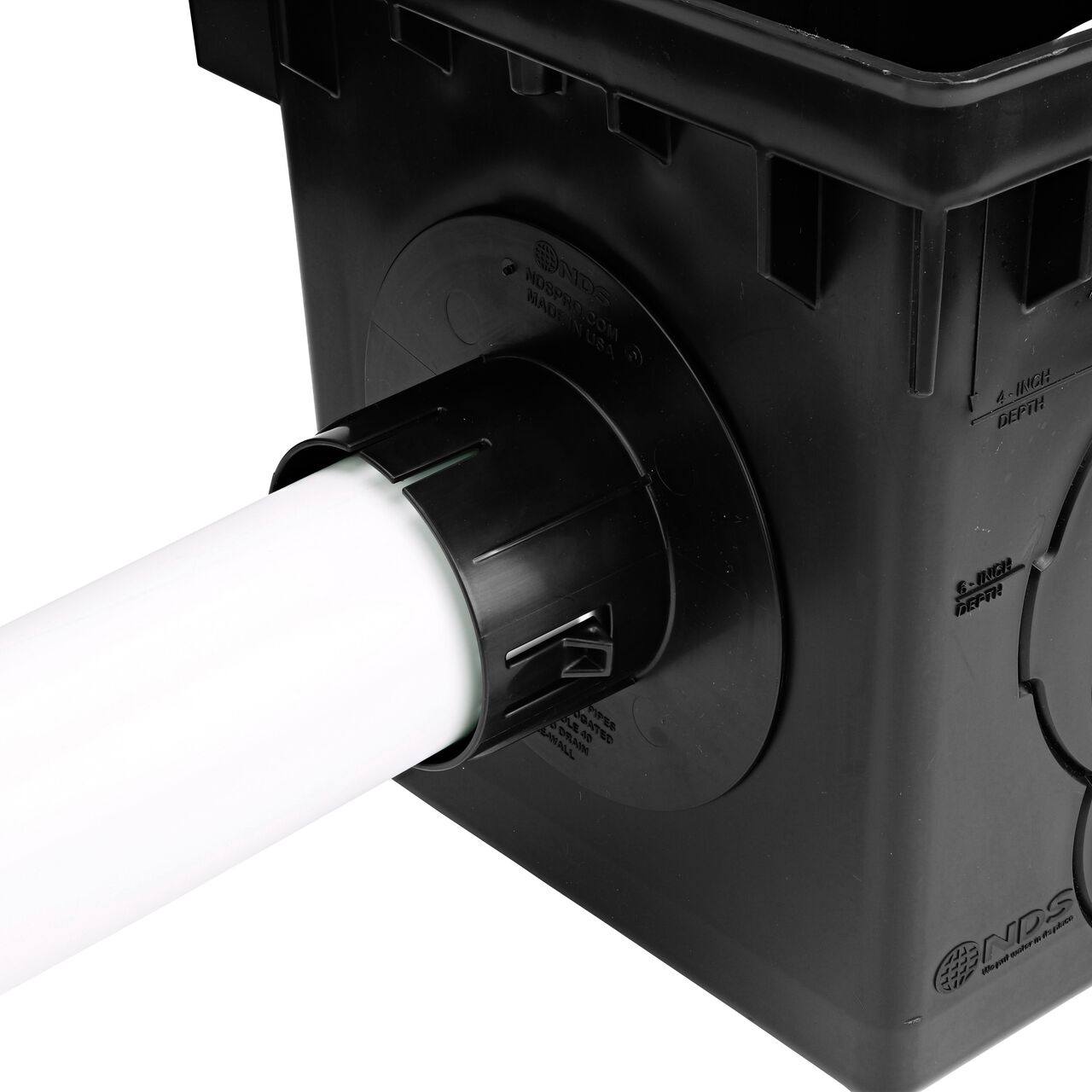 Connect 3 in. sewer & drain pipe to the locking tab outlet adapter (NDS 1243) on the 12 in. Catch Basin Drain (NDS 1200)