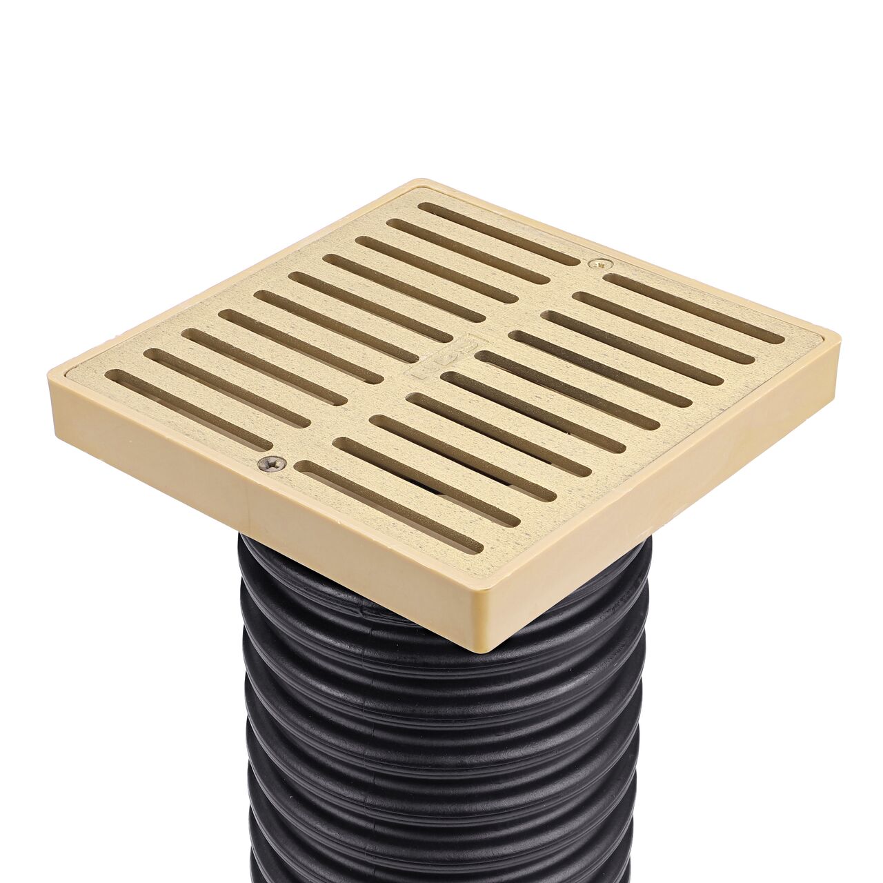 NDS Satin Brass and  plastic 6 in. Square Grate fits 3 & 4 in. Drain Pipes & Fittings installed in 4 in. Sing-Wall Corrugagted Pipe (NDS 920B)