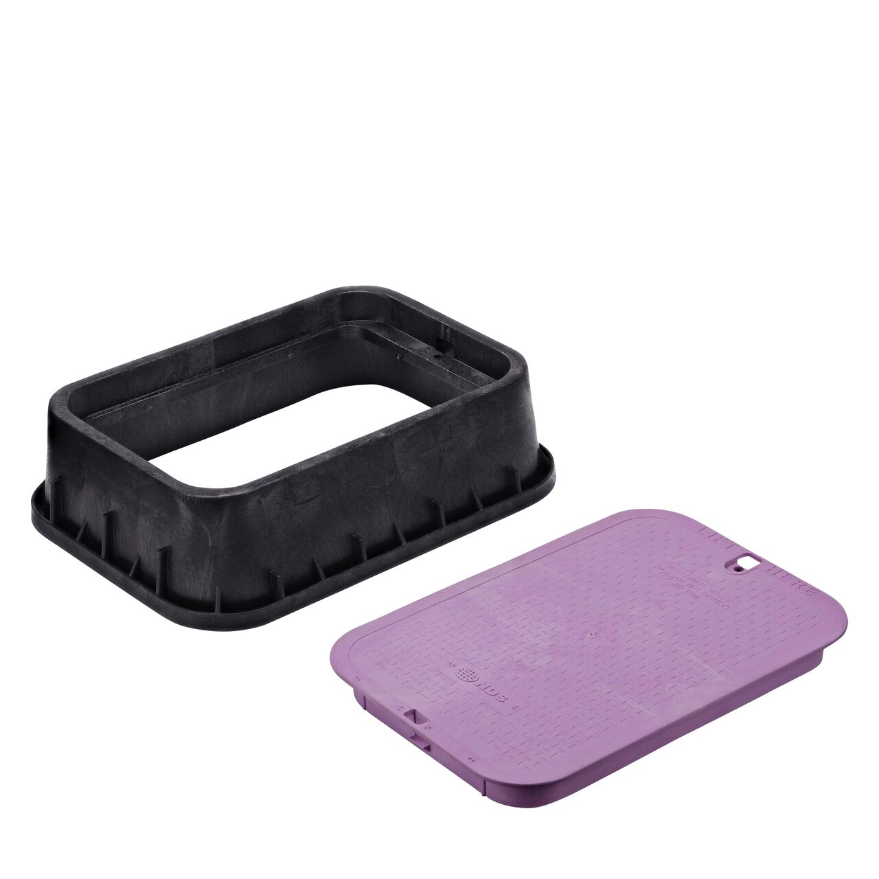 Unassembled View of the NDS 13 in. X 20 in. Black Rectangular Standard Series Jumbo Tapered Extension valve box and Purple Reclaimed Water overlapping cover (NDS 119TBCR)