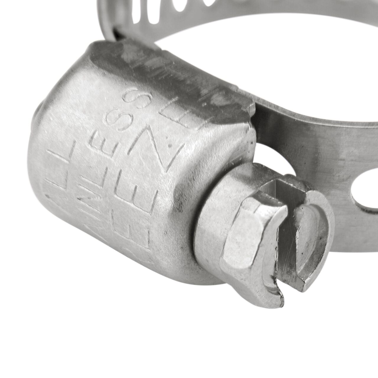 Closeup view of the NDS 1/2 in. - 29/32 in. Worm Drive Hose Clamp SAE 6 with 5/16 band width (NDS 3606) with a 5/16 in. 410 Stainless Steel hex screw; tighten to 30-45 in. lbs. torque to close