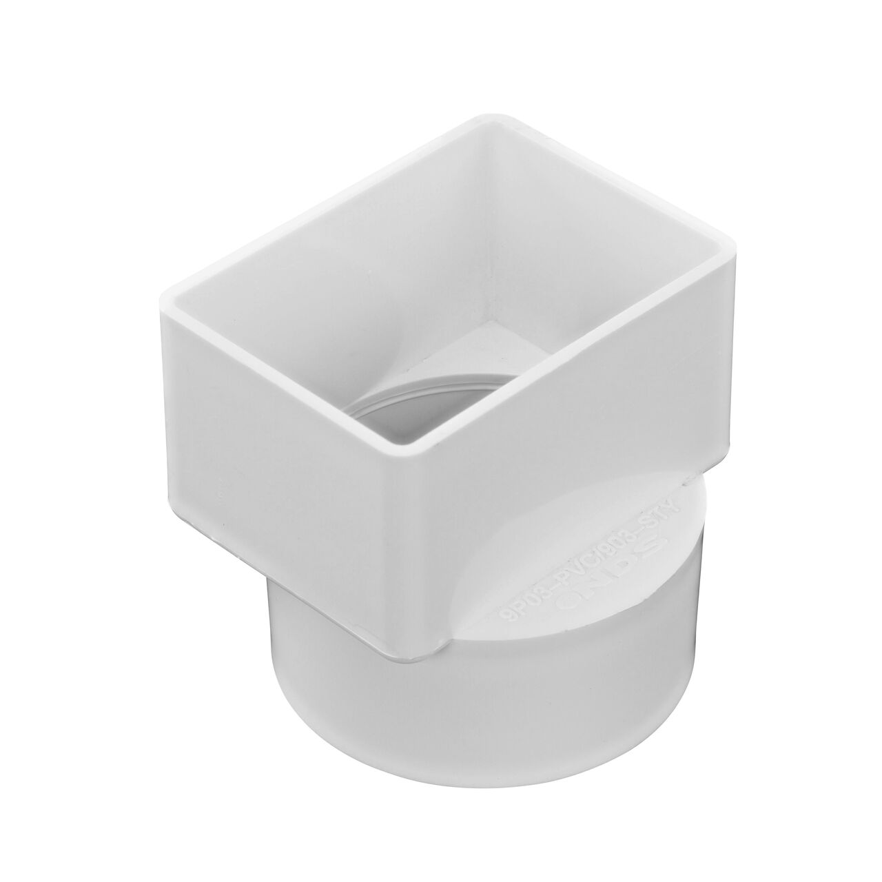 The PVC offset downspout adapter, connects 2X3 in. Downspout to 3 in. S&D Hub (NDS 9P03)