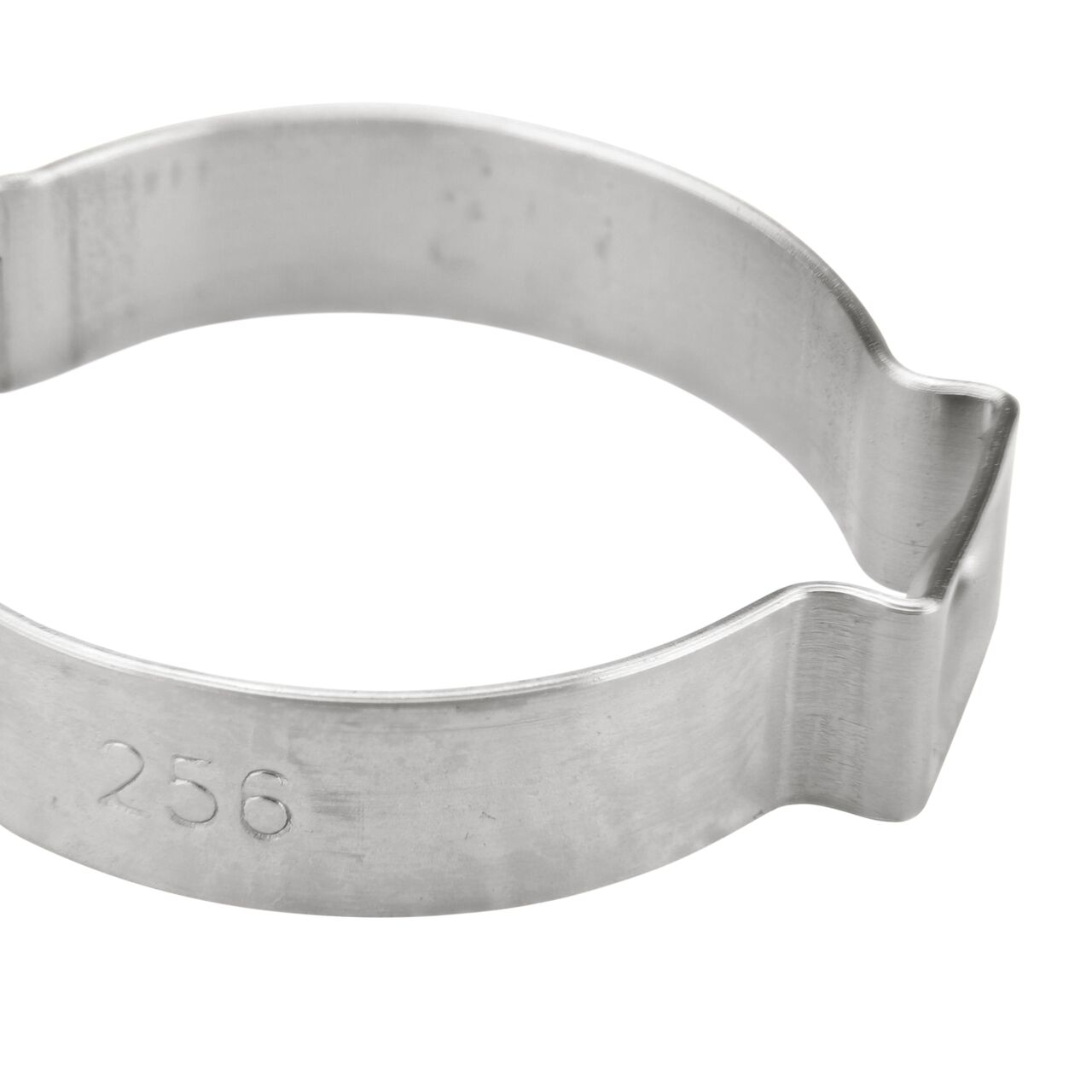 Closeup side view of the NDS 256R Stainless Steel Pinch Clamp (NDS NC-155000-015) that works with most soft hose and rigid plastic pipe to transport water and prevent leaks in pressurized systems