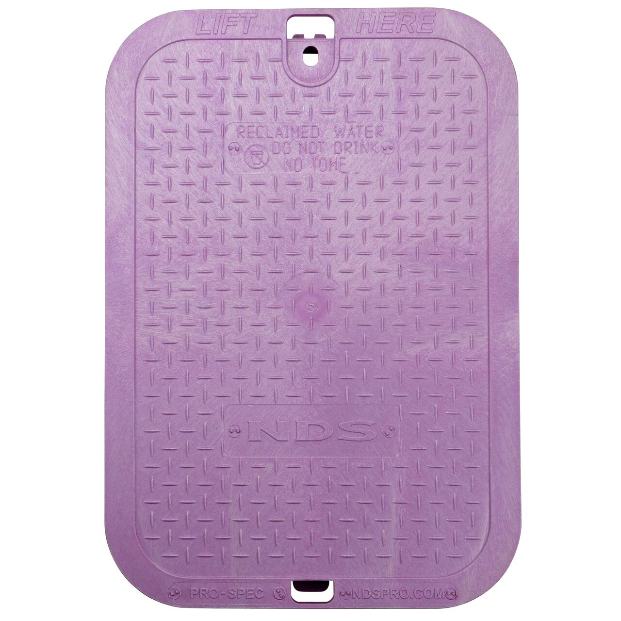 Top down view of the top side of the Purple Reclaimed Water cover for the NDS 14 in, x 19 in. Rectangular Pro-Spec® Series Valve Box (NDS 3133BCBR) showing the Purple Reclaimed Water markings
