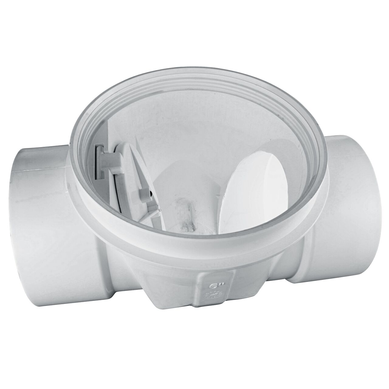 The flapper closed inside of the NDS White 6 in. PVC Backwater Valve (NDS 675P) controls the flow of water