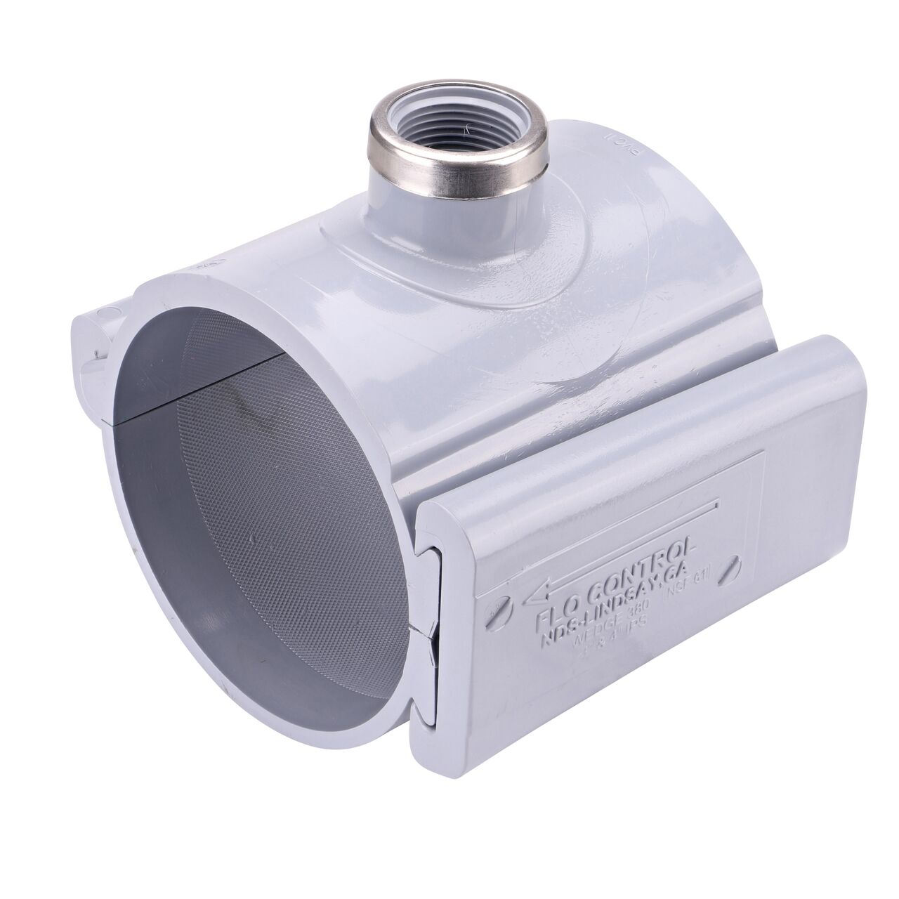 The NDS Clamp-It™ Rigid PVC Saddle with 1 in. FPT connection on top (NDS 444010) for 4 in. PVC pipe has a patented wedge design to install a sprinkler irrigation system to existing pipe without any bolts