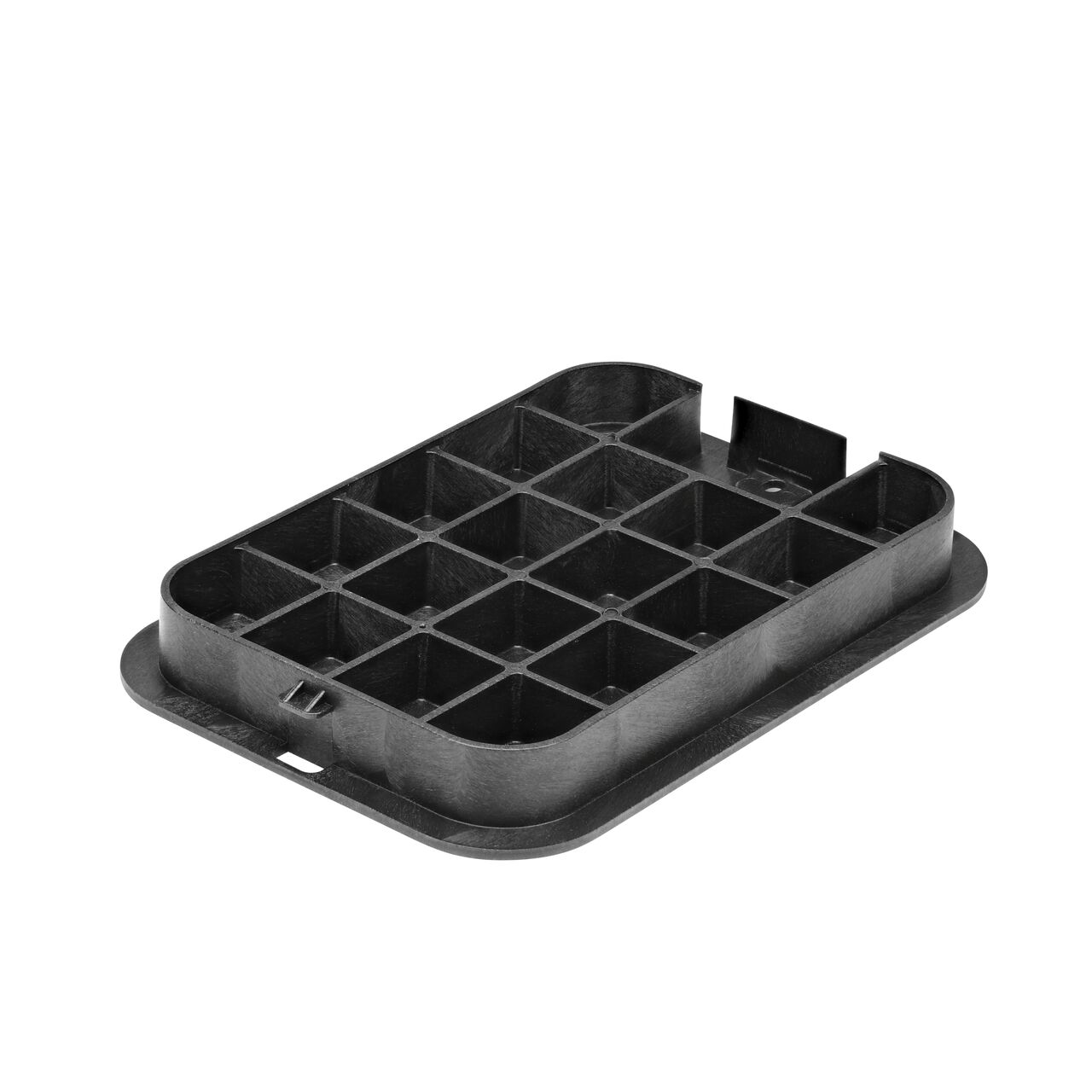 Bottom view of the reinforced ribs on the NDS 14 X 19 in. Black Irrigation Control Valve cover (NDS 113CB) that fits the NDS 14 X 19 in. Standard Series Valve Box
