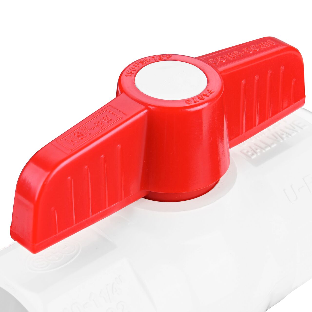Closeup of the NDS IPS Ball Valve showing the handle that rotates two ways to control water flow (NDS E1410-12)