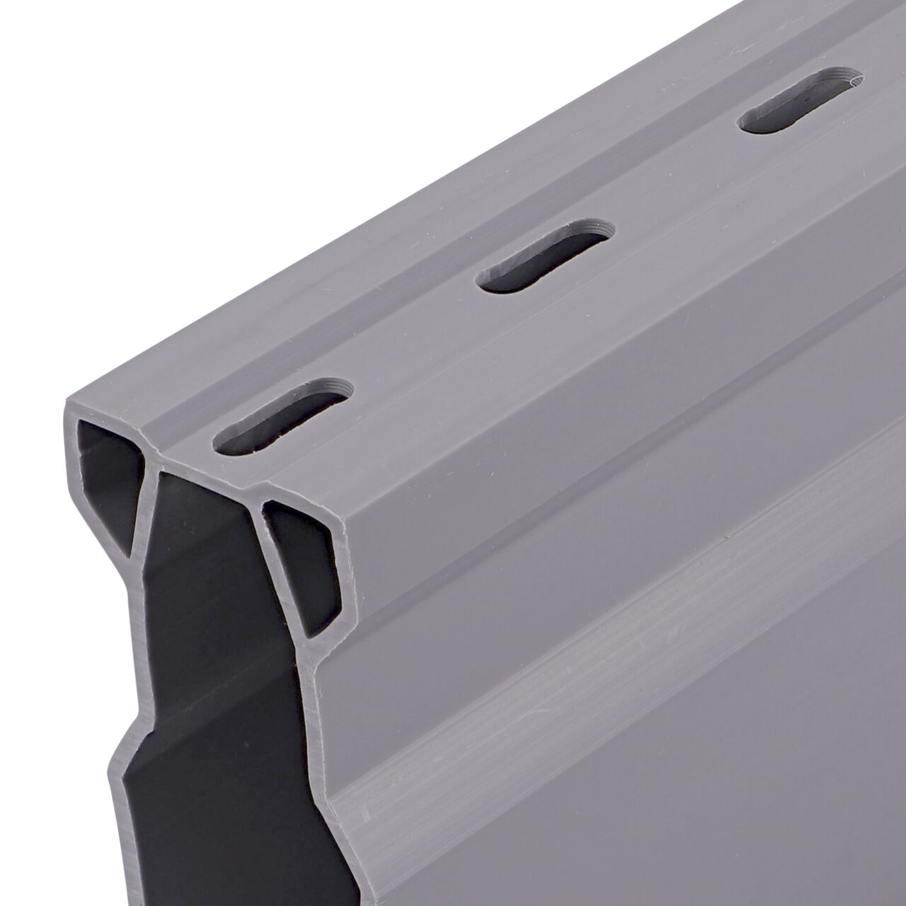 Closeup of the grate on the channel drain of the NDS Gray Micro Channel™ Drain & Integrated Grate Side Outlet (NDS 8513)