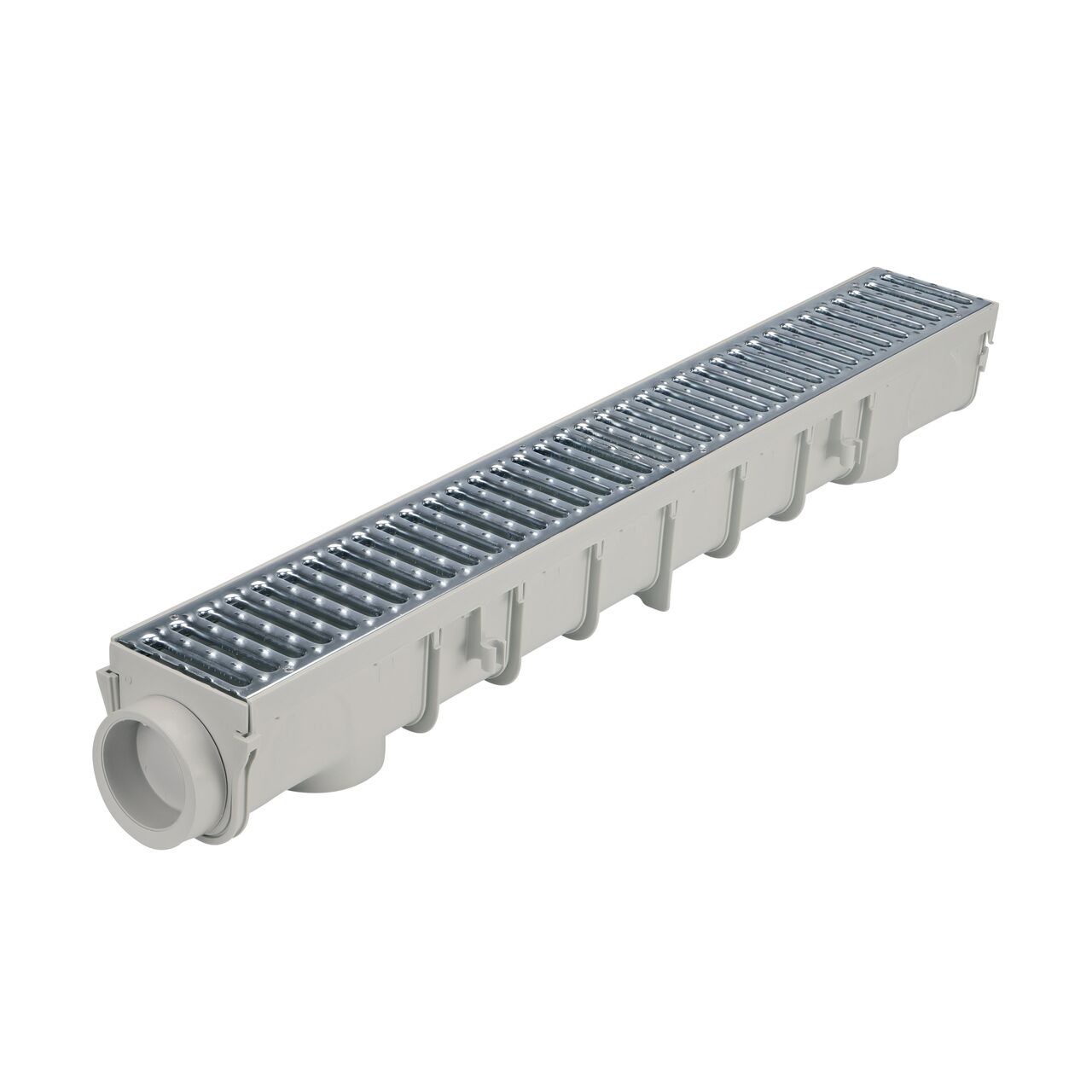 NDS 5 in. Pro Series Channel Drain Kit fully assembled with Channel Drain, 2 Galvanized Steel Grates, End Cap/Outlet, and End Cap (NDS 864GMTL)