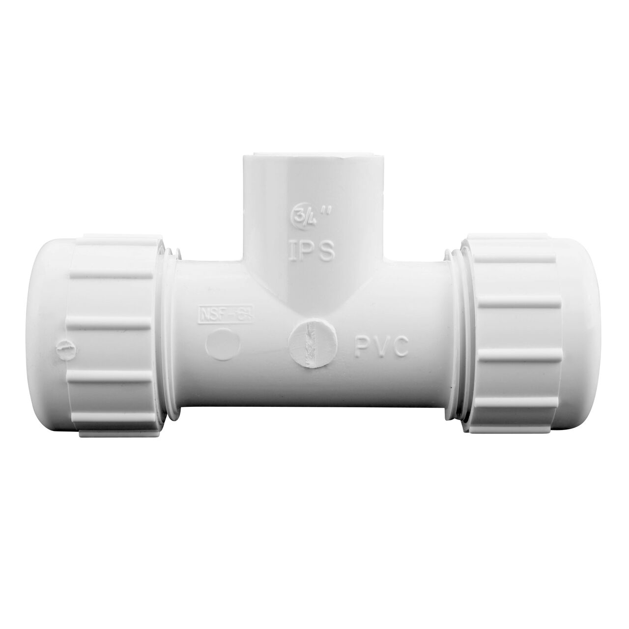 The NDS PVC Threaded Tees has adjustable nut on each compression end that connect onto 3/4 in. IPS pipe ends and one FPT end that threads onto a 3/4 in. IPS MPT pipe end to provide a corrosion-free connection (NDS CPT-0750-T)