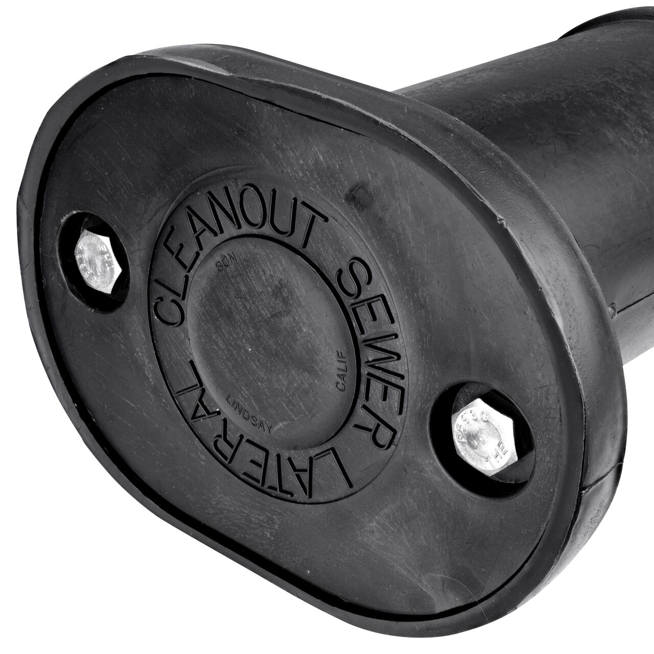 Closeup of the top handle on the NDS Black 4 in. Polypropylene S&D Sewer Cleanout Plug (NDS 22-040) showing the wording and the bolts