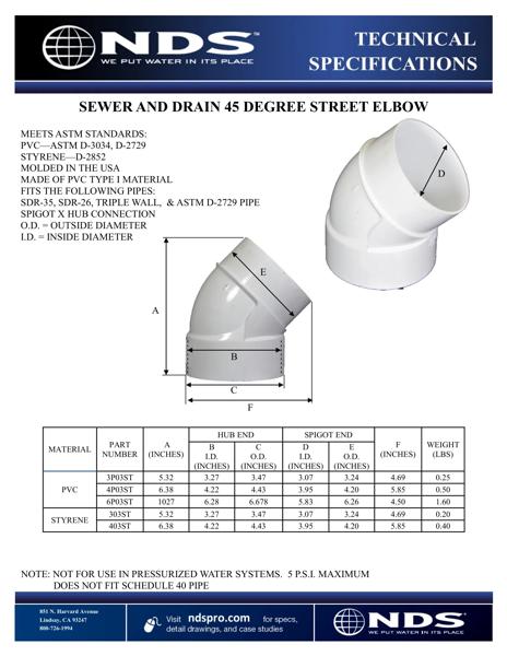 NDS S&D 45° Street Elbow Hub x Spt Tech Spec