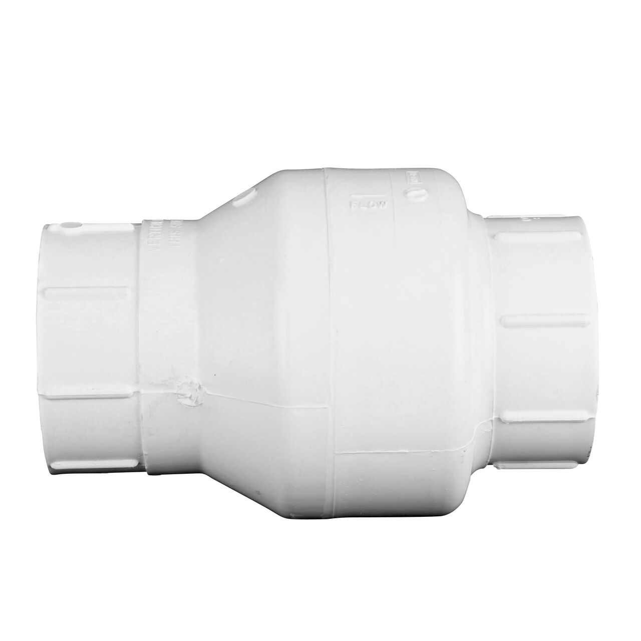 Side to side view of the NDS White 3 in. slip end by slip end PVC Spring Check Valve (NDS 1011-30, NDS 1012-30)
