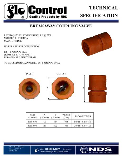 NDS Threaded Breakaway Coupling Spring Check Valves Tech Spec
