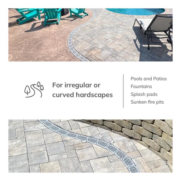 The new NDS Spee-D® Contour™ Channel Drain System (NDS 400-ACSE-WH, NDS 400-ACM-WH) make natural curves in your channel drain system that are quick and easy to install along irregular or curved hardscapes