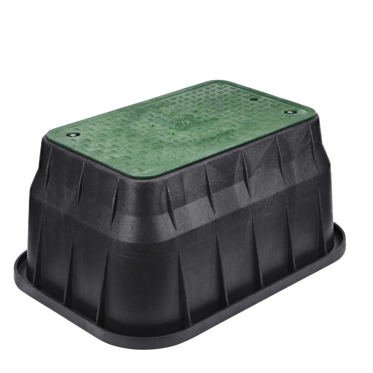 The NDS 13 in. X 24 in. Rectangular Pro-Spec® Series Valve Box and Cover with bolt is a 15 in. high Black Box and Green Cover with Irrigation Control Valve markings on the Overlapping lid (NDS 325BCB) and protects underground irrigation and sprinkler system components and keeps them out of sight