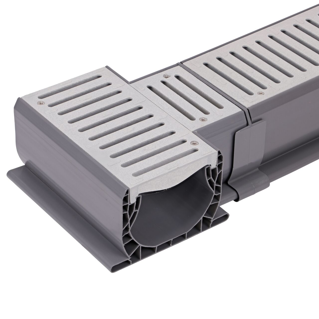 Connect the tee end grate on the Spee-D® Channel Drain and Grate with Tee (NDS 2371) to the longer Spee-D® Channel Drain (NDS 400, NDS 400-10, NDS 400-10WH) with the Spee-D® Channel Drain Coupling