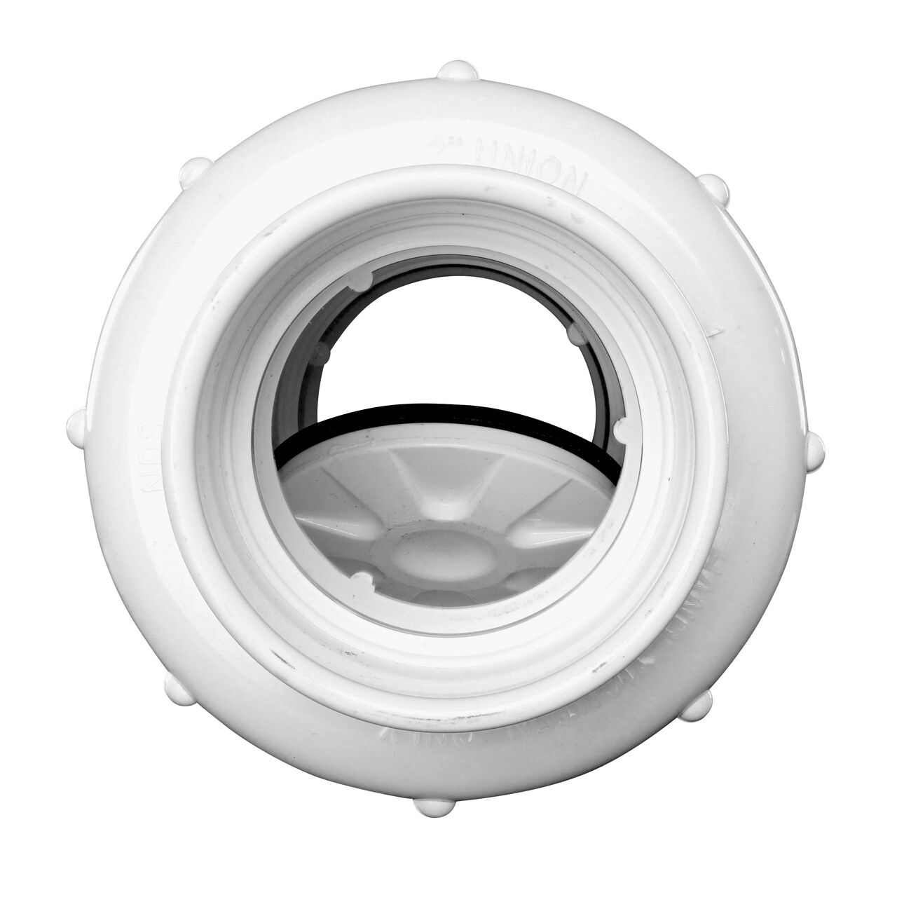 Water is conveyed one-way through the valve when the flap opens on the view of the NDS White 2 in. union end by union end PVC True Union Swing Check Valve (NDS 1720-20)