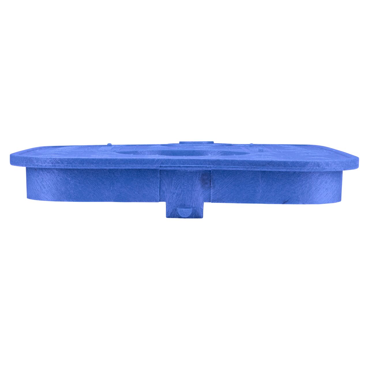 The NDS 14 X 19 in. Rectangular AMR Meter Box Cover (NDS D12AMR-OLLOCTRBLUL) is an Overlapping lid with 2 in. touch reader hole, shown here from the side, that prevents dirt and debris from entering the meter box
