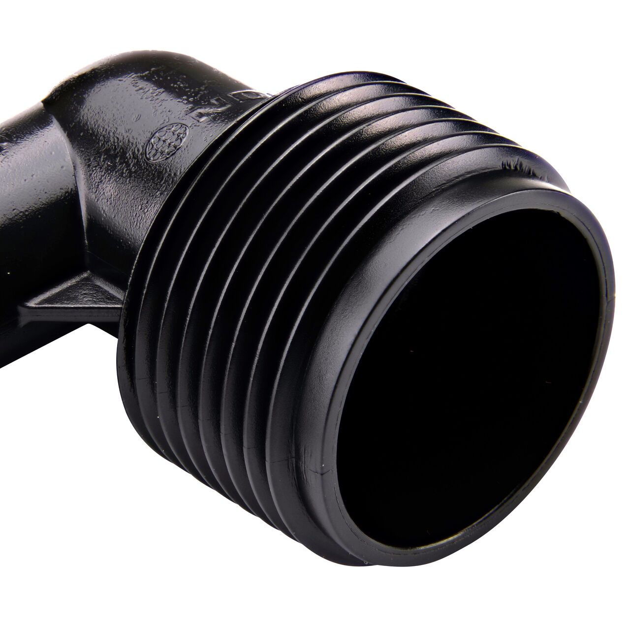Closeup view of the spiral barbed adapter side of the Spiral Barbed Elbow (FPE-0750)
