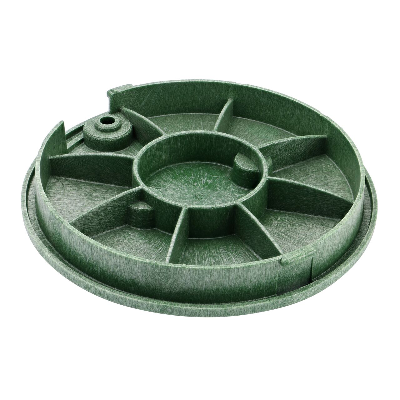 Bottom view of the reinforced ribs on the NDS 10 in. green fiber cover (NDS 111CF) that fit the NDS 10 in. Standard Series Valve Box