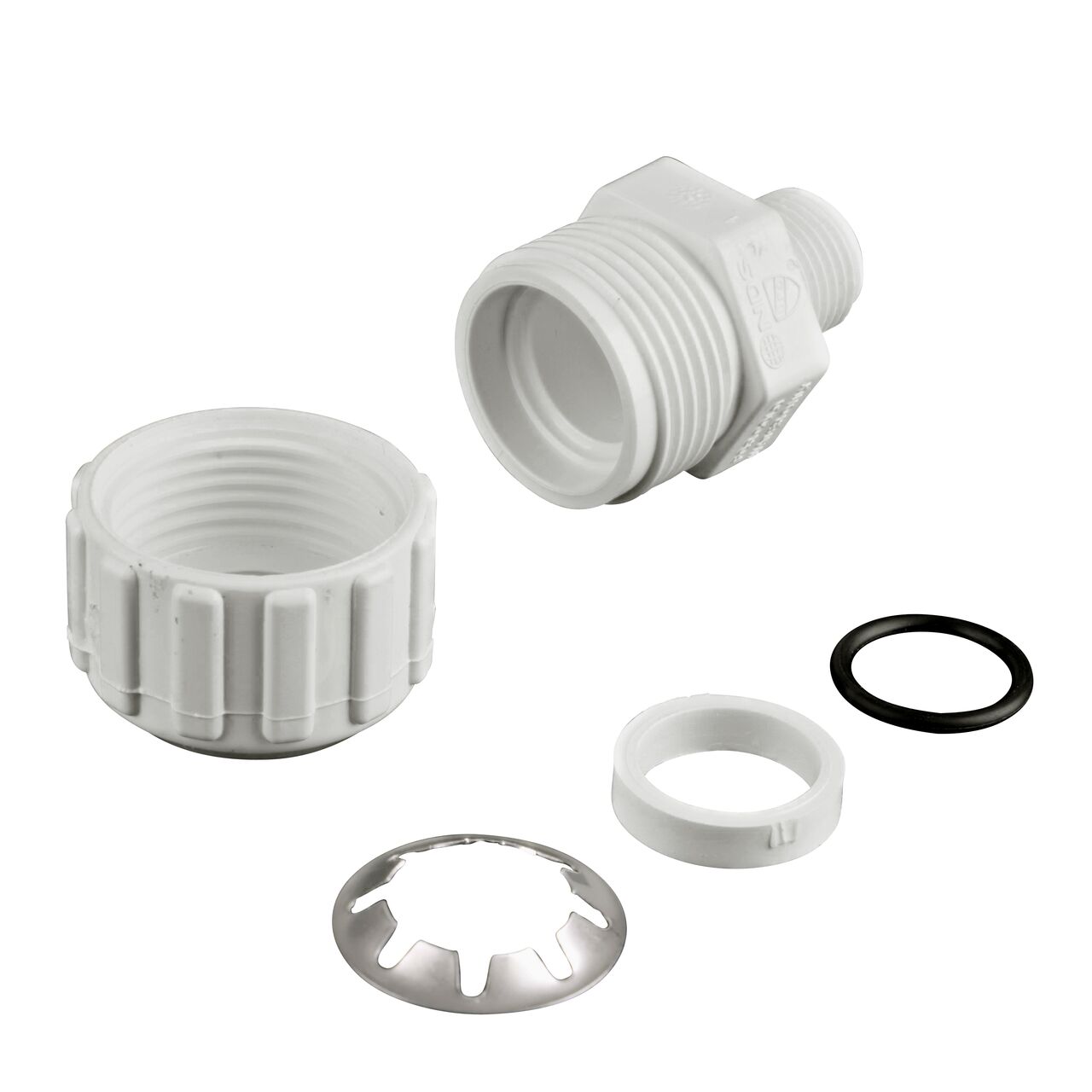 The NDS 1/2 in. Flo-Lock™ Gripper Adapter fully unassembled showing the steel gripper and EPDM O-Ring (NDS 135-05)