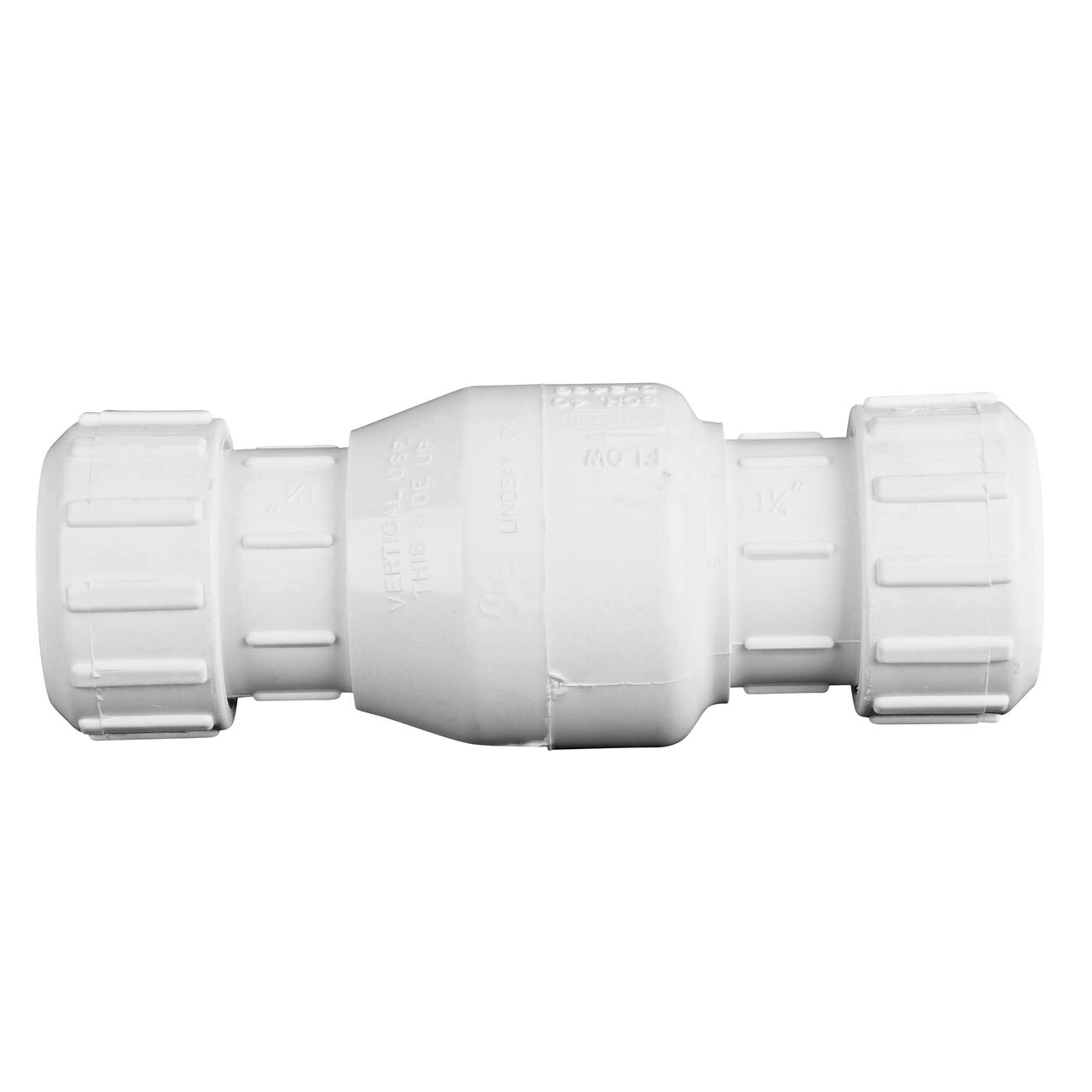 Side to side view of the NDS White 1-1/4 in. PVC Compression Swing Check Valve (NDS 1500-12)