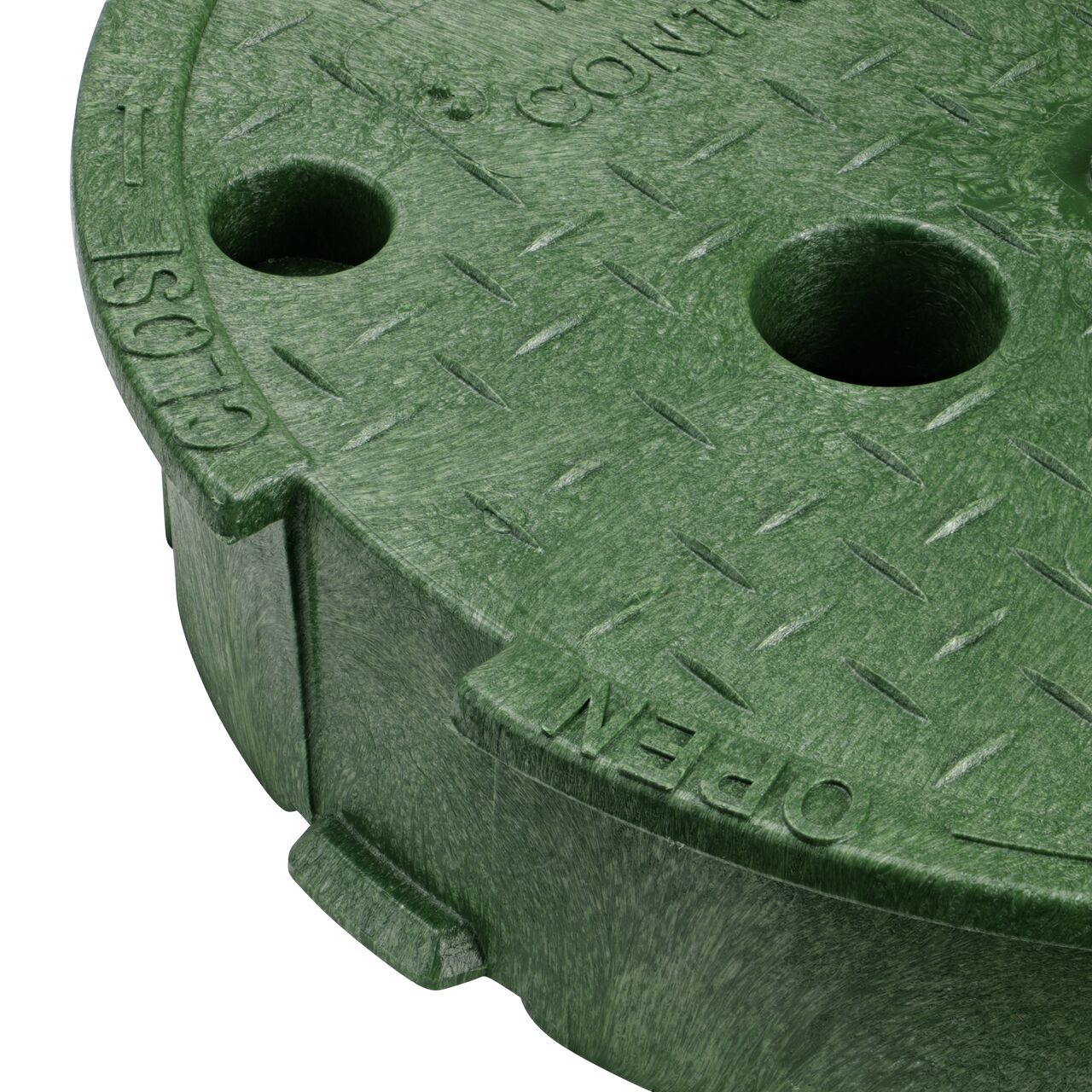 Closeup view of the locking mechanism and bolt hole on the Green Irrigation Control Valve cover for the NDS 10 in. Round Pro-Spec® Series Valve Box (NDS 311C)