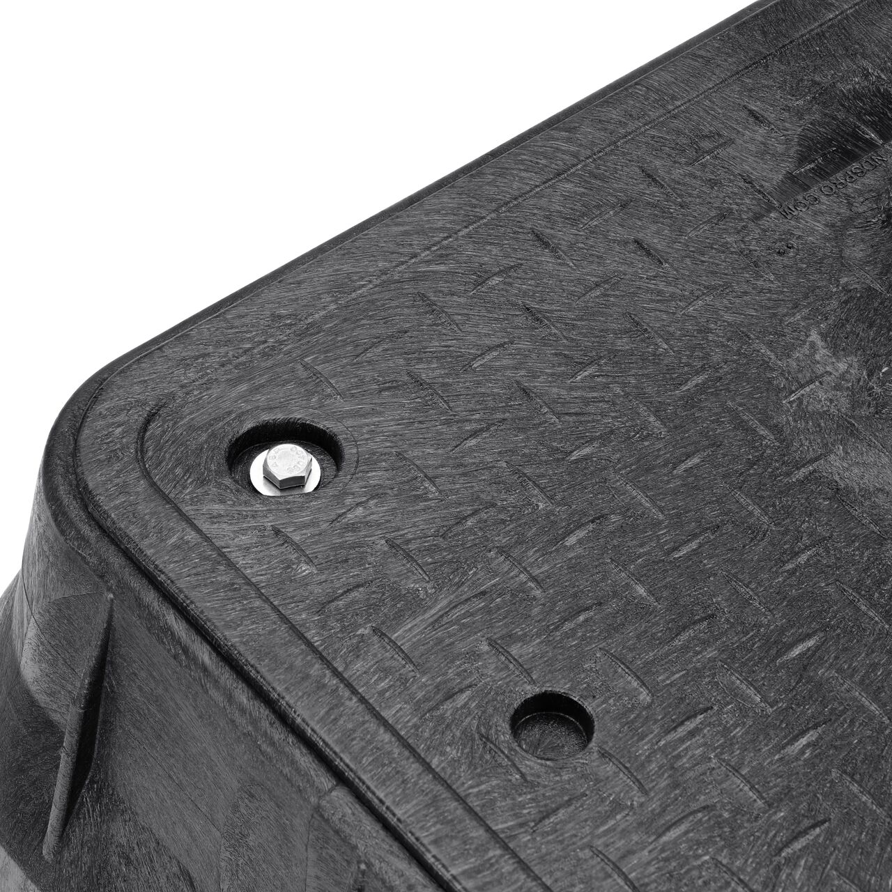 Closeup view of the NDS logo and Irrigation Control Valve markings on the Black Irrigation Control Valve cover for the NDS 13 in. x 24 in. Rectangular Pro-Spec® Series Valve Box (NDS 325BCBBLK)