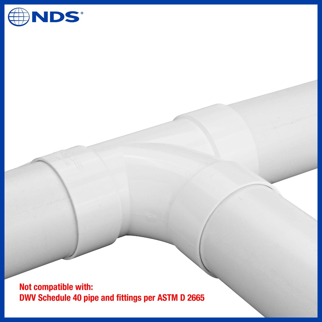 The NDS 3 inch PVC sanitary tee (NDS 3P09) is not compatible with DWV Schedule 40 pipe and fittings per ASTM D 2665