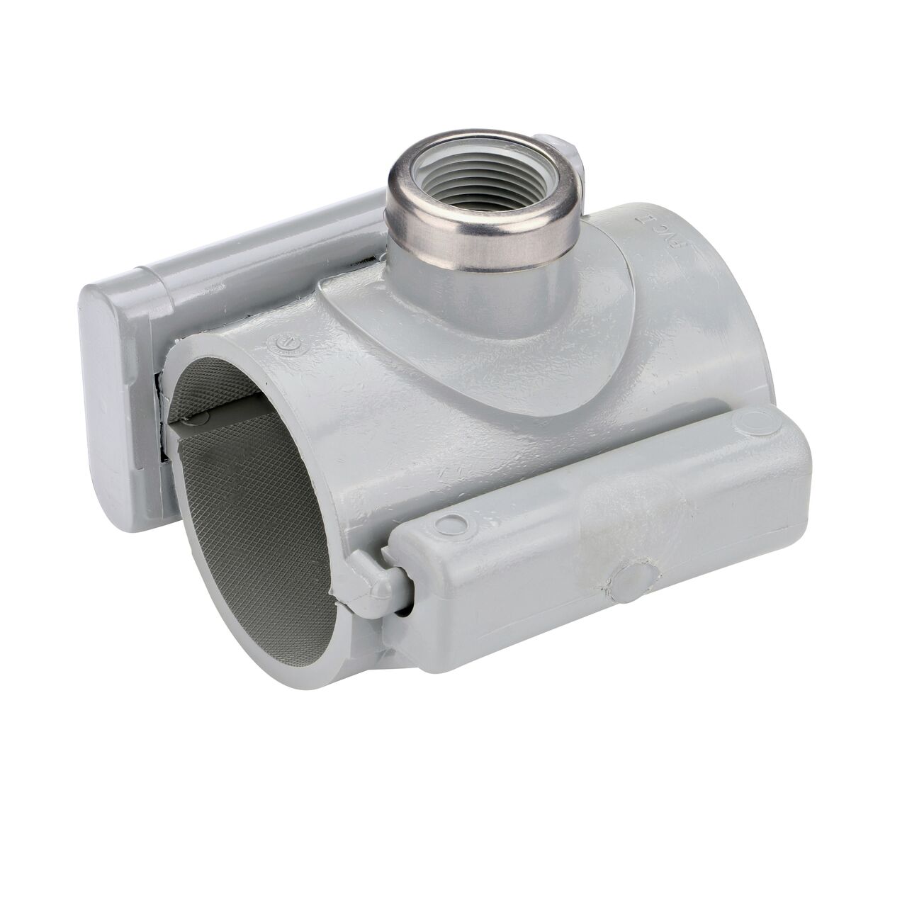 The NDS Clamp-It™ Rigid PVC Saddle with 3/4 in. FPT connection on top (NDS 422007) for 2 in. PVC pipe has a patented wedge design on one side and hinge on the other to install a sprinkler irrigation system to existing pipe without any bolts