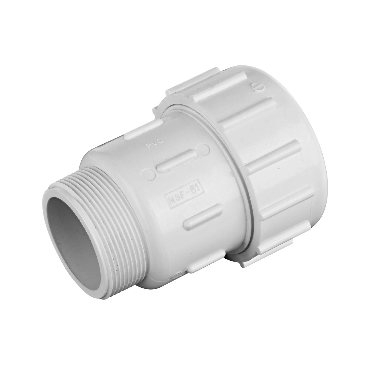The NDS 2 in. PVC Compression Adapter IPS X MPT creates a leak-resistant connection between two pipes to direct flow one-way through the system (NDS CPA-2000)