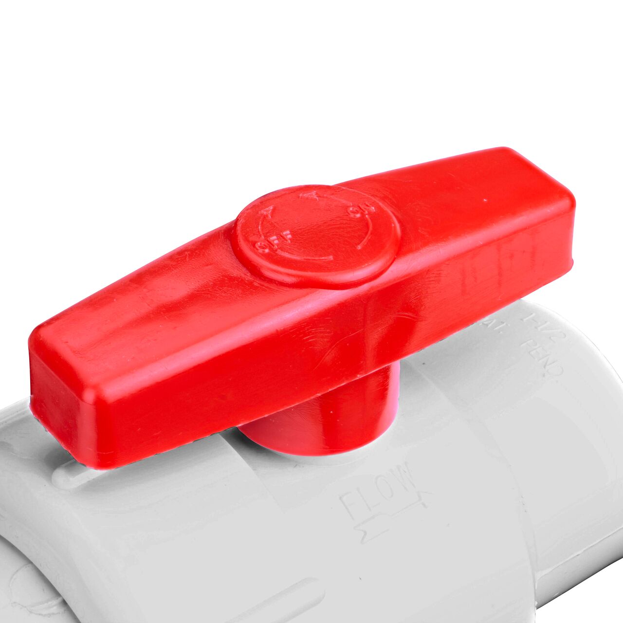 Closeup of the handle of the NDS White 1-1/2 in. IPS U X S Checkmate PVC Swing Check and Ball Valve Combination (NDS 2200-15)