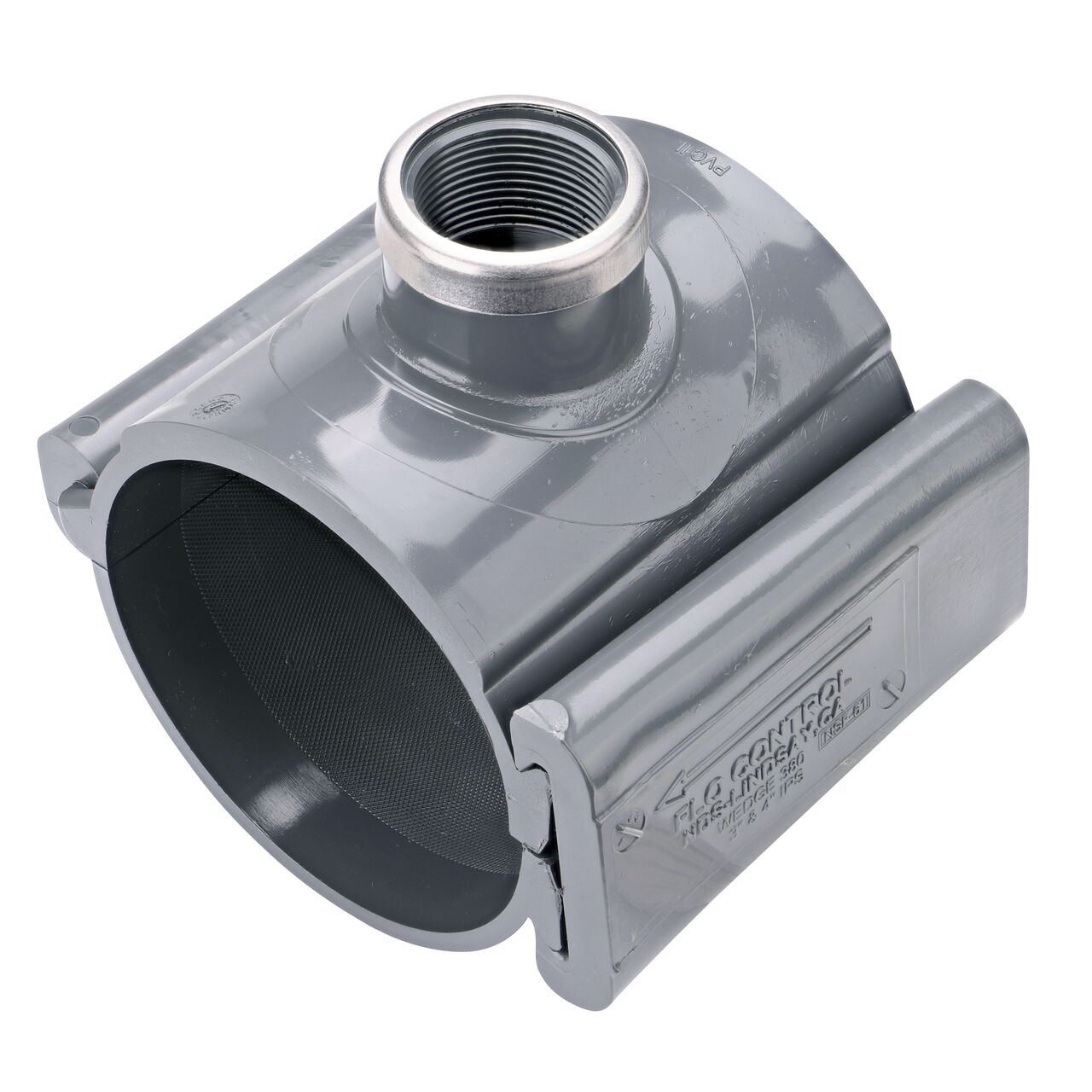 The 1-1/4 in. FPT outlet at the top of the NDS Clamp-It™ Rigid PVC Saddle (NDS 444012) for 4 in. PVC pipe adds a riser or sprinkler to an existing pipeline for agricultural or mining applications