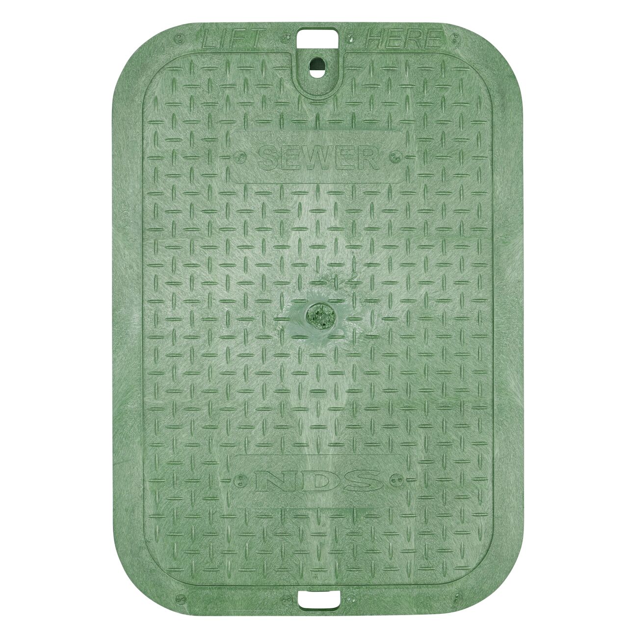 Top down view of the top side of the Green Sewer cover for the NDS 14 in. X 19 in. Rectangular Standard Series Valve Box (NDS 114BCS) showing the Green Sewer markings