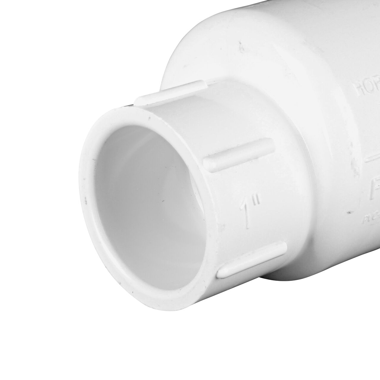 Closeup of the inlet end on the NDS White 1 in. slip end by slip end PVC Swing Check Valve (NDS 1520-10)