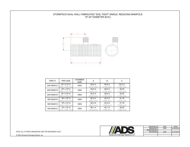 15" - 24" Diameter StormTech Dual Wall Fabricated Soil Tight Single Reducing Manifolds (StormTech Dual Wall HDPE Fittings)