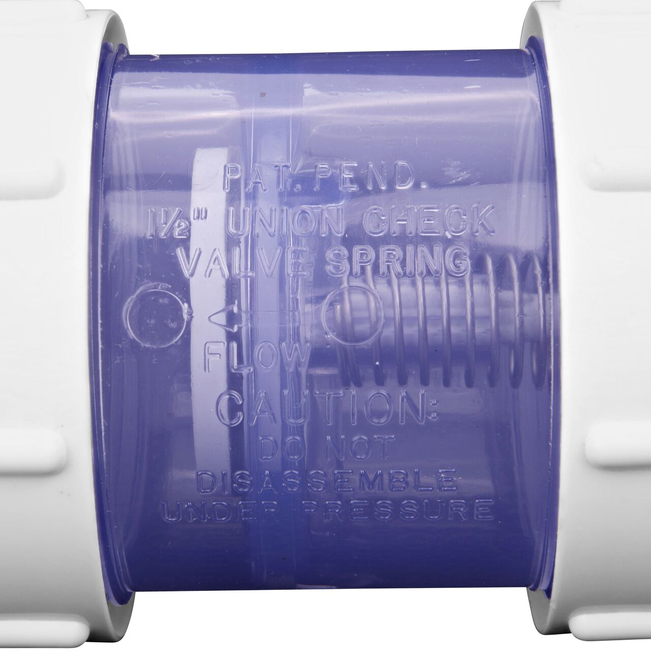 Closeup of the directional arrow on the NDS 1-1/2 in. IPS slip by slip PVC Compact True Union 1/2 lb. Spring Check Valve (NDS 1790C15)