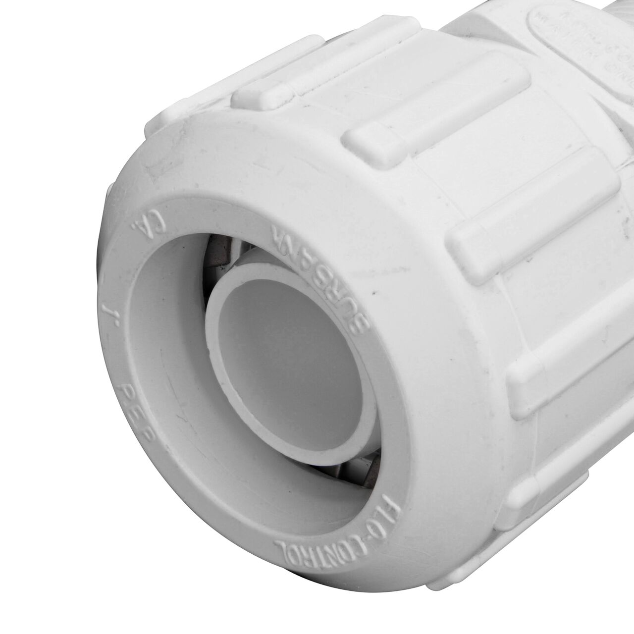 Closeup of the Flo Lock compression end with steel gripper on the NDS 1 in. Flo Lock PVC Gripper Adapter for PE Pipe (NDS 830-10)
