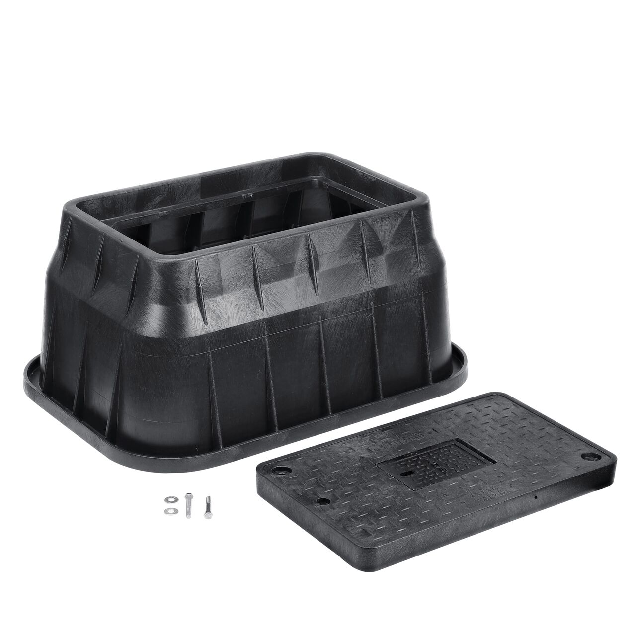 Unassembled View of the NDS 13 in. X 24 in. Black Rectangular Standard Series meter box and Black Water Meter Drop-in lid cover (NDS 125BCDMCIFB) with Bolt and Plastic reader door