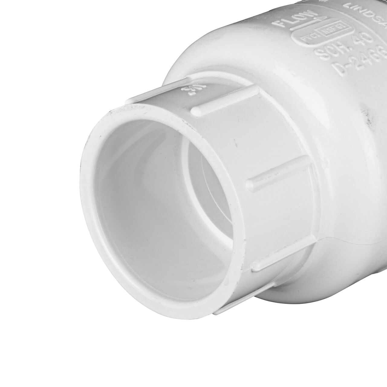Closeup of the inlet end on the NDS White 1-1/2 in. slip end by slip end PVC Swing Check Valve (NDS 1520-15)