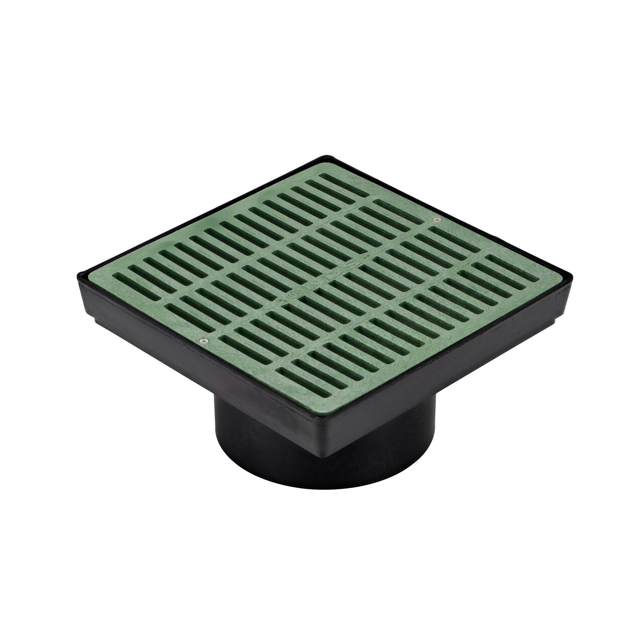 NDS 12 in. Square Low-Profile Adapter (NDS 1222) with a green, 12 in. Catch Basin Drain Grate (NDS 1212) installed