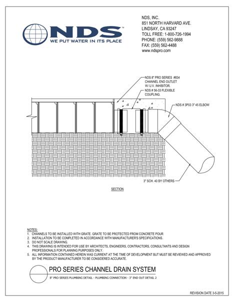 NDS 8 in. Pro Series™ Channel Drains 3 in. End Outlet Connection 2 Installation Detail