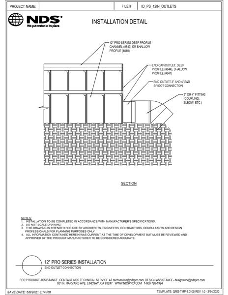 NDS 12 in. Pro Series™ Channel Drains & Grates End Outlet Installation Details