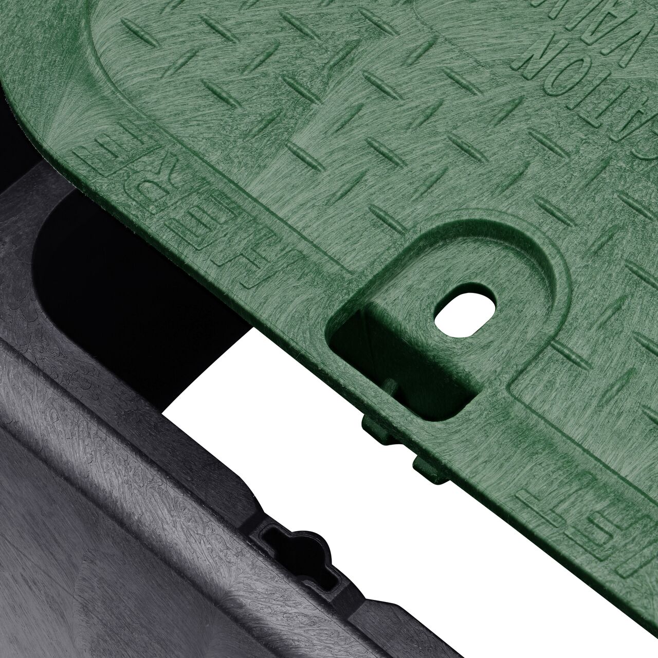 Align the bolt hole on the lid with the universal locking mechanism hole from the NDS 14 in. X 19 in. Retangular Standard Series Black Box and Green Irrigation Control Valve Cover (NDS 113BC) for a secure fit