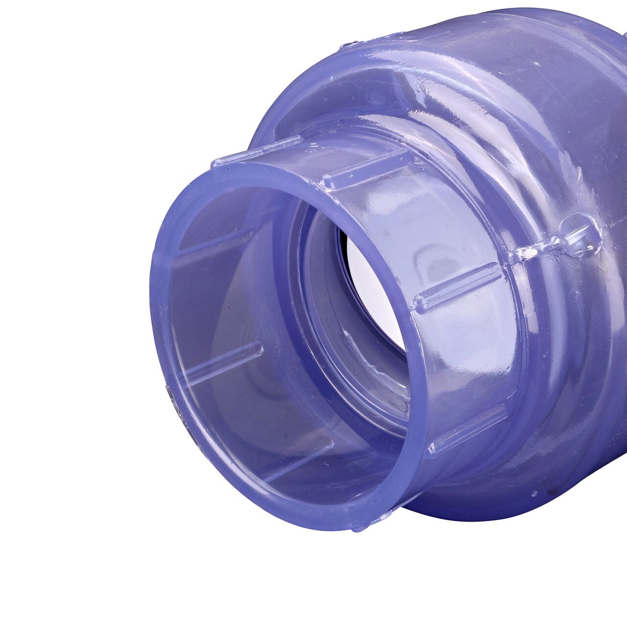 Closeup of the inlet end of the NDS Clear 3 in. slip end by slip end PVC Swing Check Valve (NDS 1520C30) which prevents backflow in pipelines