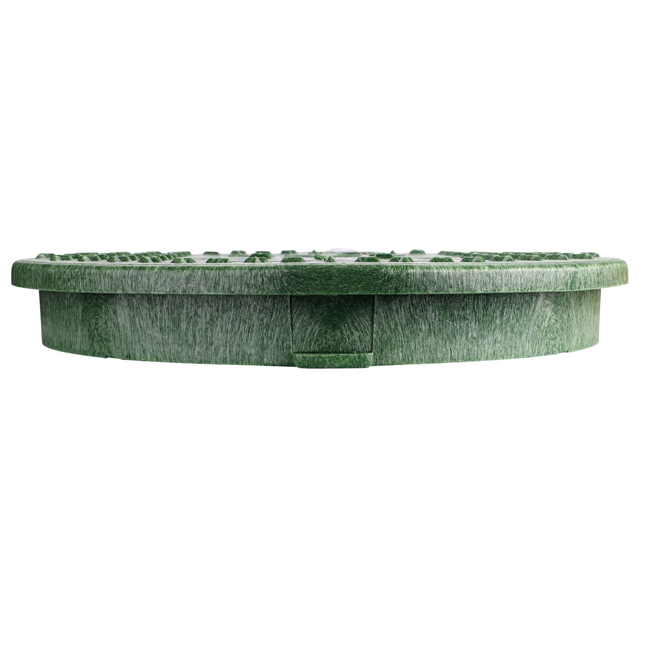 The NDS 10 in. Round Standard Series Fiber Valve Box Cover (NDS 111CF) is an overlapping lid shown here from the side, that prevents dirt and debris from entering the valve box